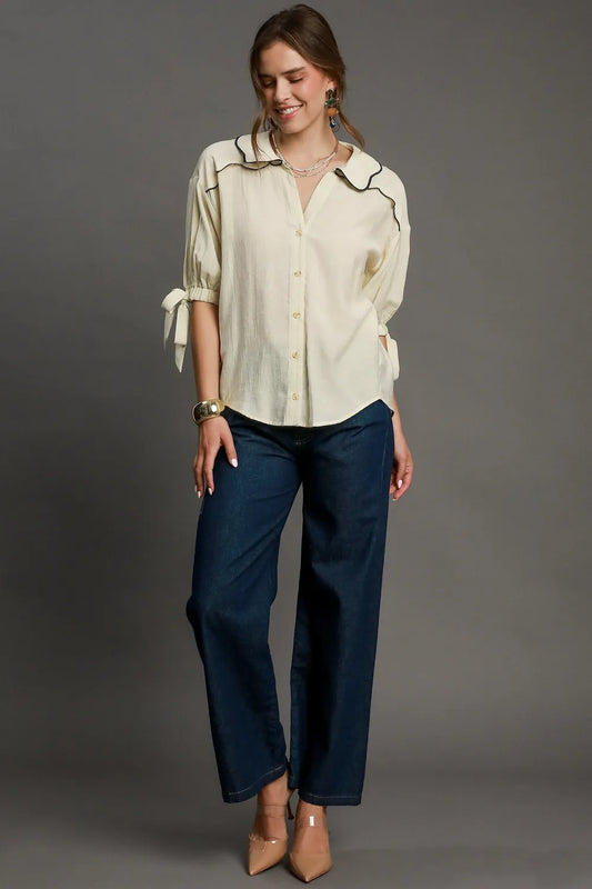 Image of Umgee Full Size Embroidered Detail Button Down Shirt Plus Size | Queeble.shop