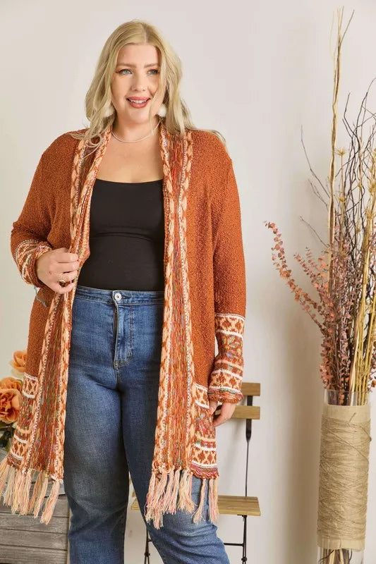 Image of ADORA Full Size Fringe Hem Aztec Border Cardigan Plus Size | Queeble.shop
