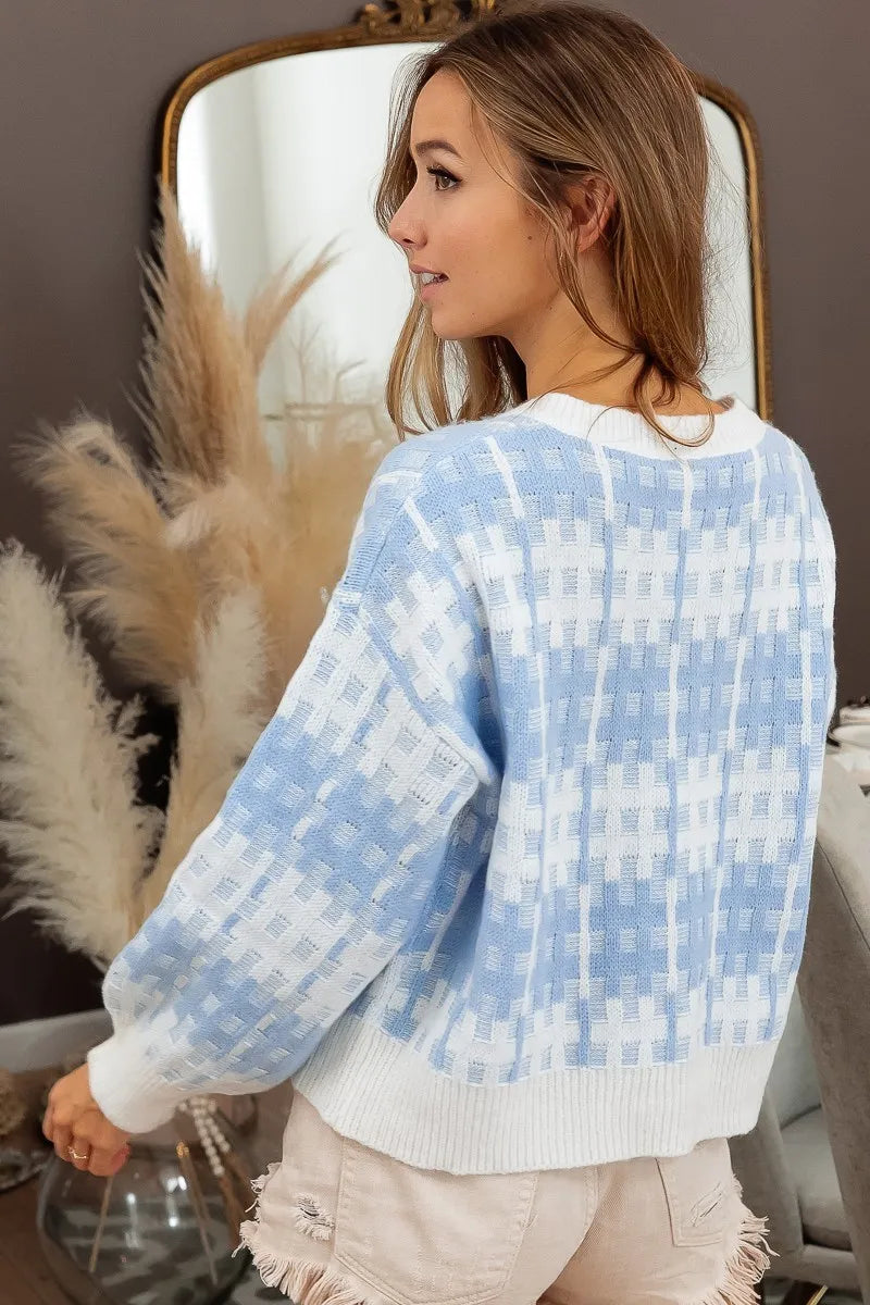 Image of BiBi Hashtag Grid Textured V-Neck Sweater | Queeble.shop