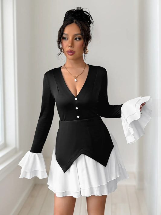 Image of Two Tone V-Neck Long Sleeve Mini Dress | Queeble.shop