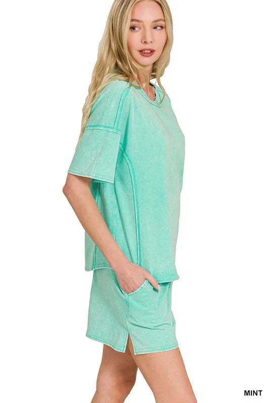 Image of Zenana Acid Washed Short Sleeve Tee & Shorts Set | Queeble.shop
