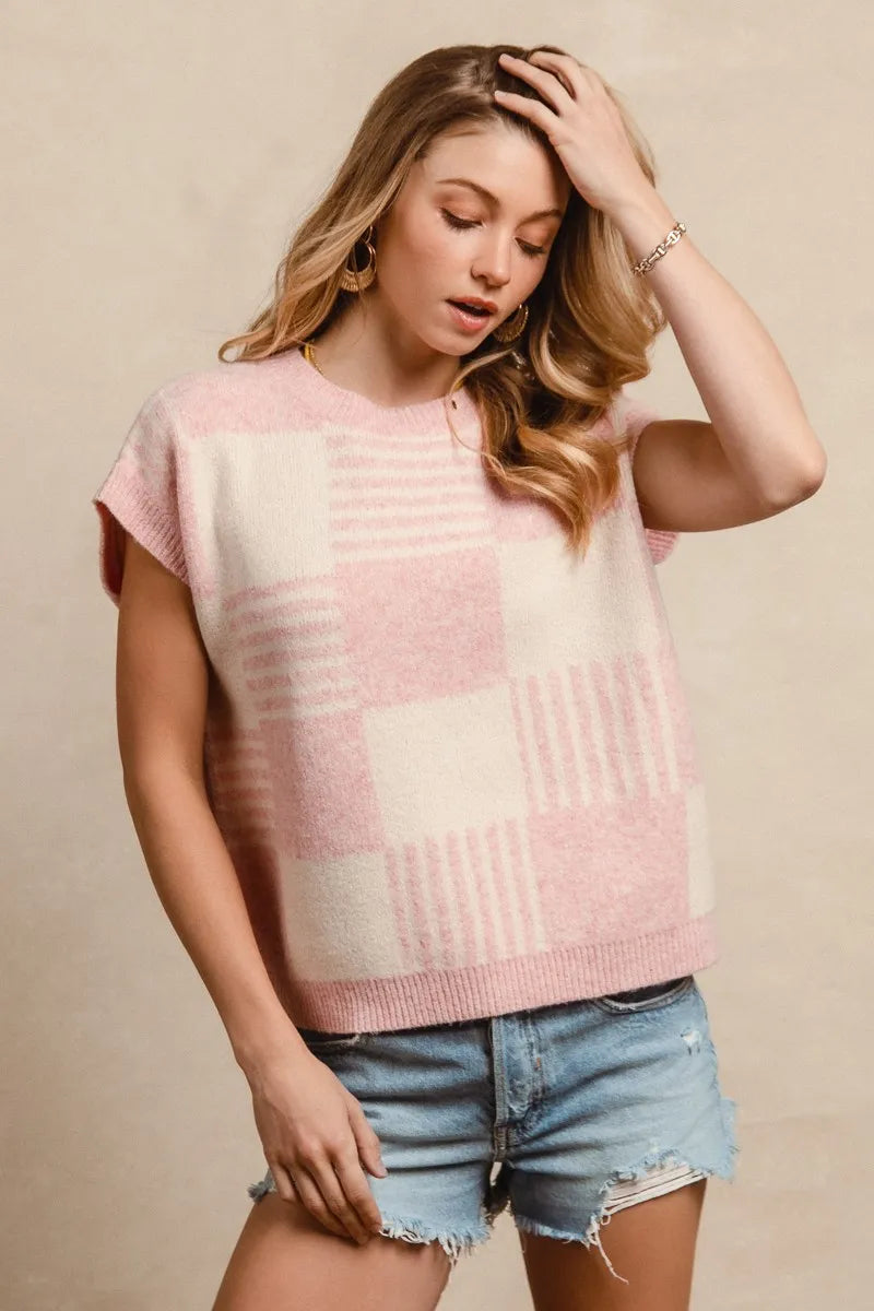 Image of BiBi Checker With Stripes Pattern Sleeveless Sweater | Queeble.shop
