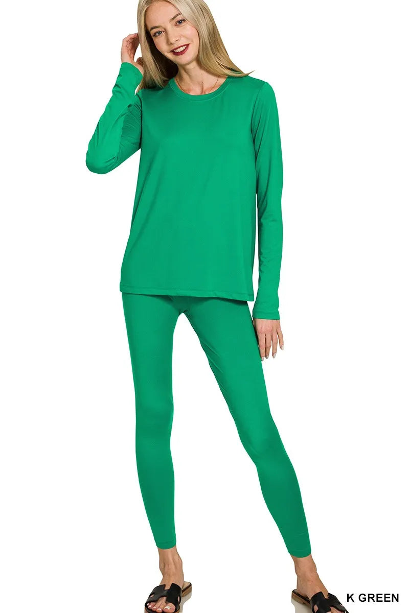 Image of Zenana Microfiber Round Neck Top and Leggings Set | Queeble.shop