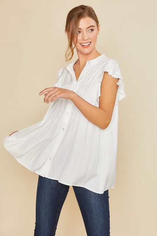Image of Annie Wear Ruffle Sleeve Shirred Flowy Woven Tunic Shirts | Queeble.shop