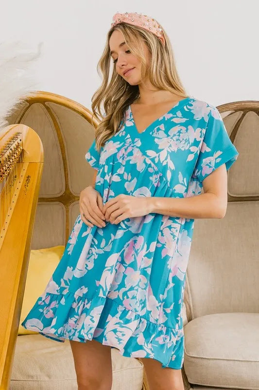 Image of BiBi Floral Crinkle Shirred Ruffle Detail V Neck Dress | Queeble.shop