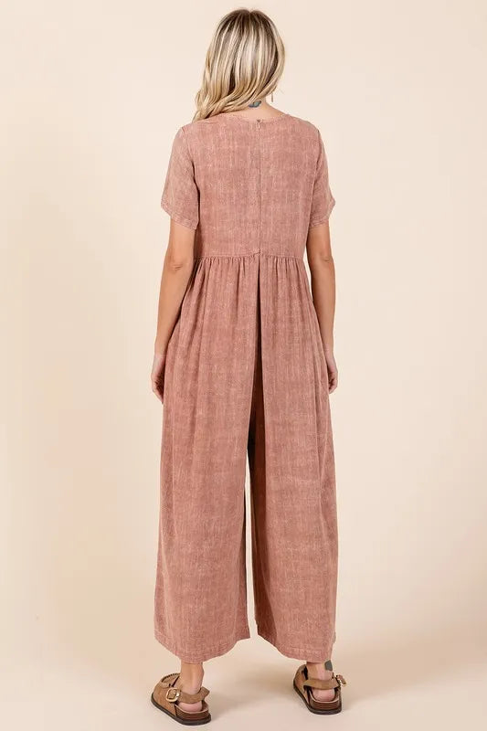 Image of Mittoshop Mineral Wash Short Sleeve Flowy Wide Leg Jumpsuit | Queeble.shop