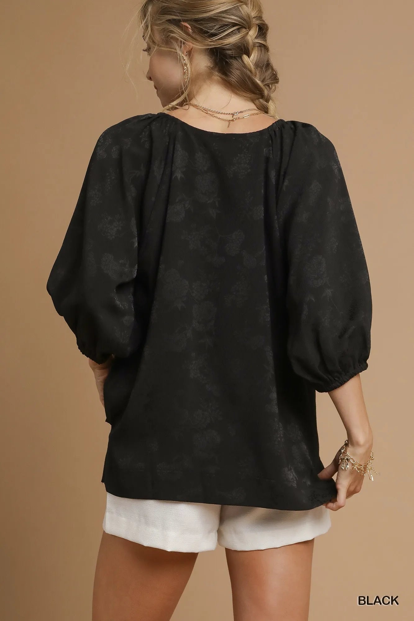 Image of Umgee Satin Jacquard Balloon Sleeve Blouse | Queeble.shop
