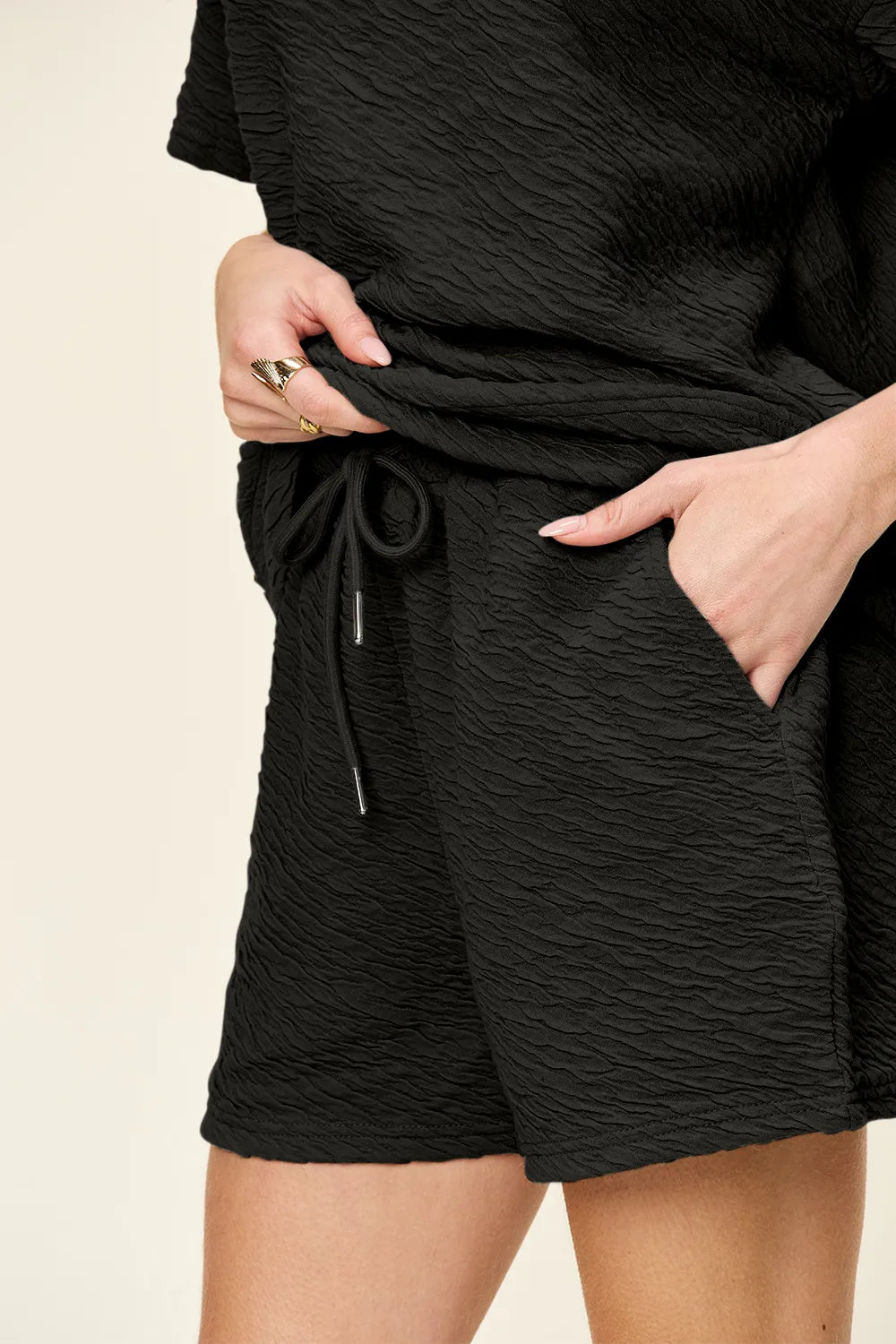 Image of Double Take Full Size Texture Short Sleeve T-Shirt and Drawstring Shorts Set | Queeble.shop