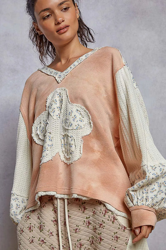 Image of POL Raw Hem Washed Hoodie with Flower Patch | Queeble.shop