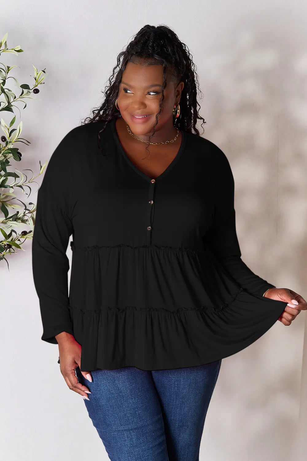 Image of Double Take Half Button Long Sleeve Ruffle Hem Blouse | Queeble.shop