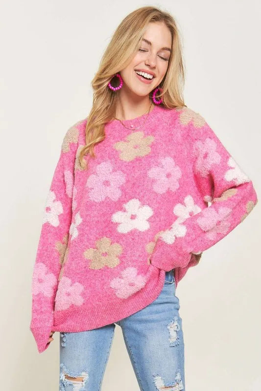 Image of ADORA Full Size Floral Popped 2-Tone Sweater Top Plus Size | Queeble.shop
