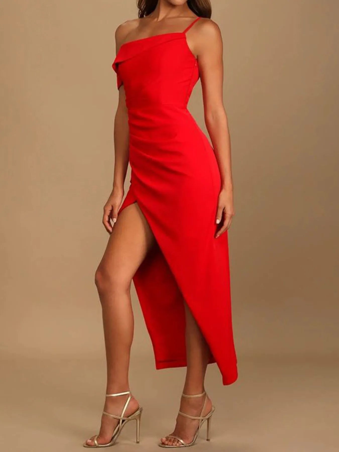 Image of Split Asymmetrical Neck Midi Dress | Queeble.shop
