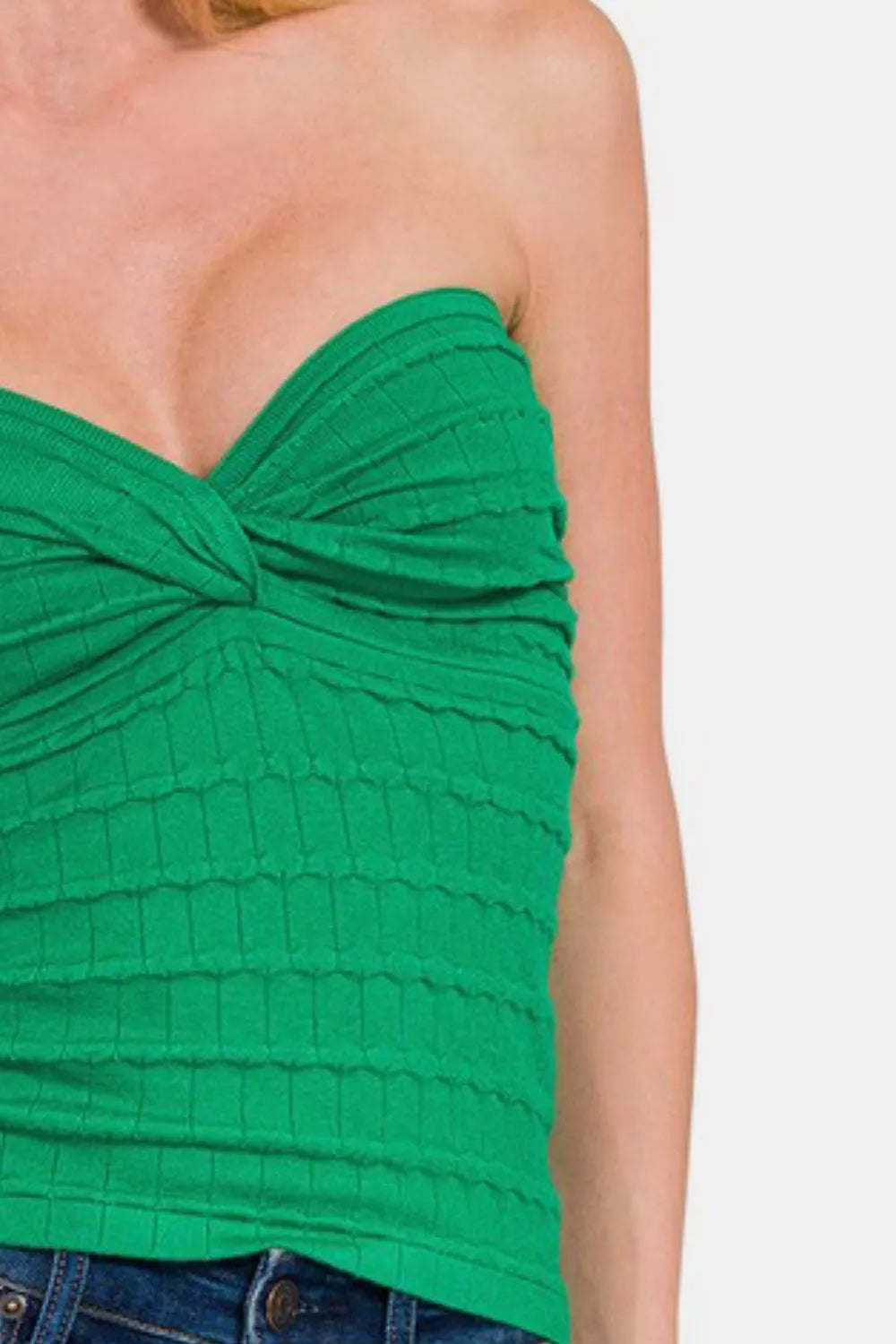 Image of Zenana Ruched Twisted Sweetheart Neck Top | Queeble.shop