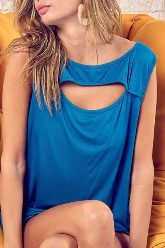 Image of BiBi Rayon Span Knit With Cut Out Front Sleeveless Top | Queeble.shop