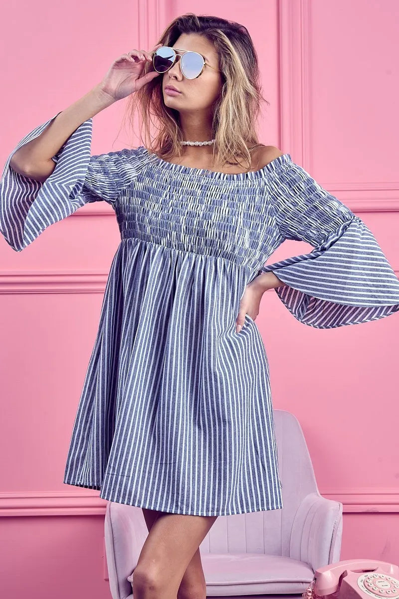 Image of BiBi Smocked Off Shoulder Striped Dress | Queeble.shop