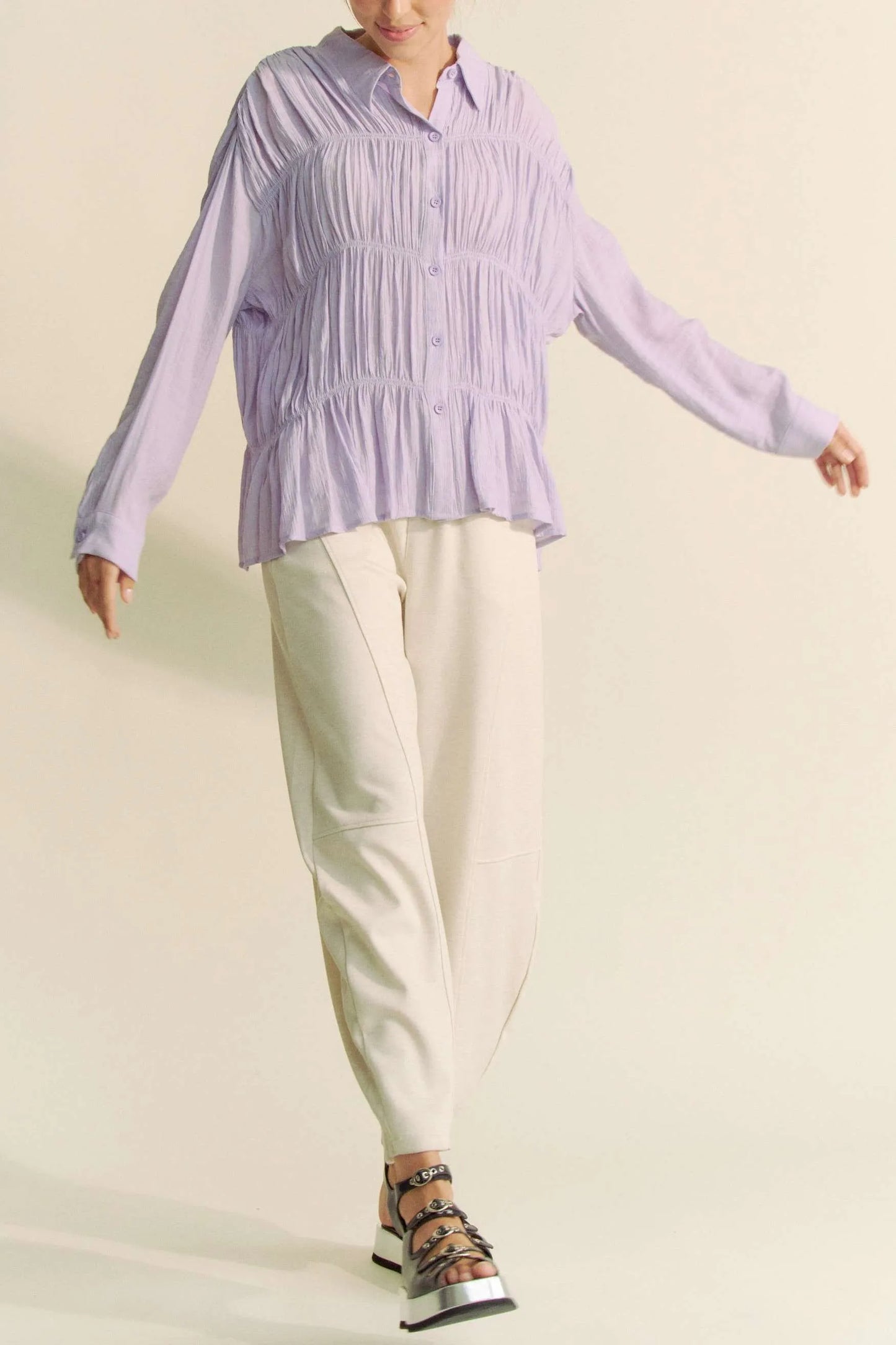 Image of Davi & Dani Ruched All Over Button Front Shirt | Queeble.shop