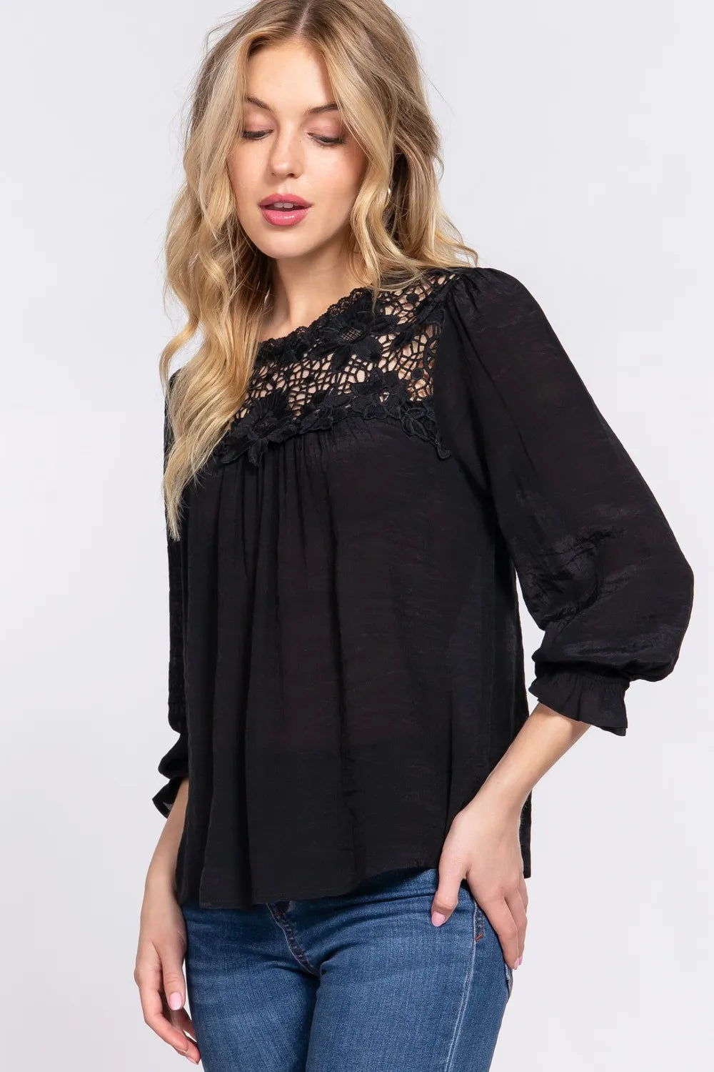 Image of ACTIVE BASIC Crochet Lace Panel Flounce Sleeve Blouse | Queeble.shop
