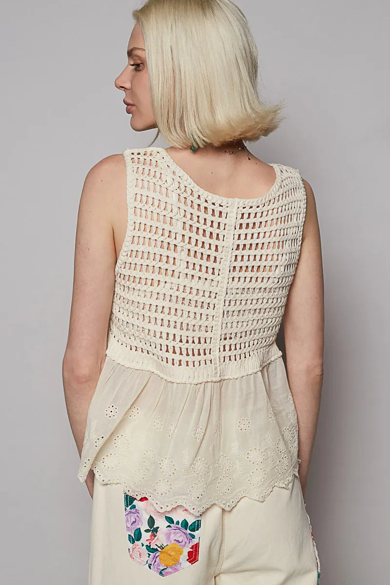 Image of POL Embroidered Detail V-Neck Eyelet Peplum Tank | Queeble.shop