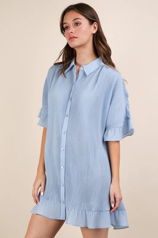 Image of VERY J Pleated Detail Button Down Mini Dress | Queeble.shop
