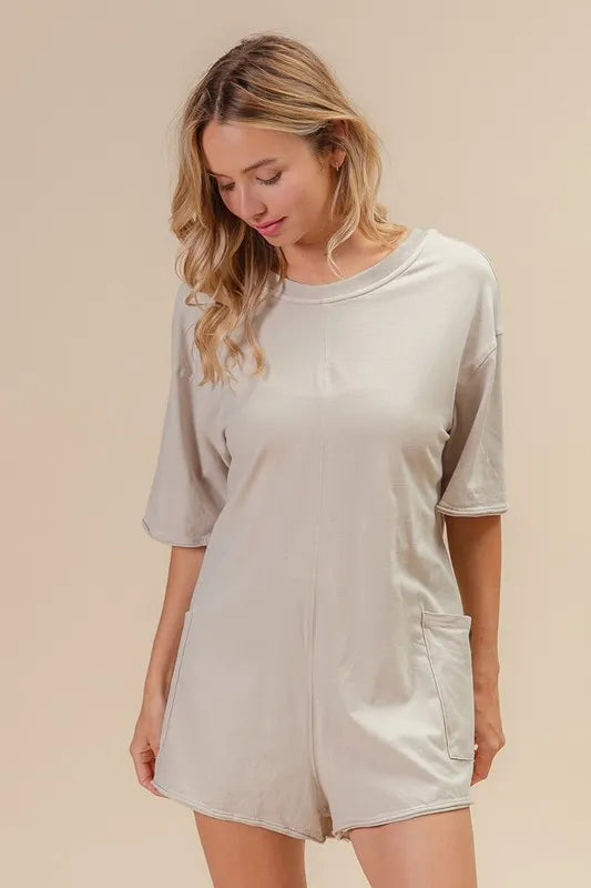Image of BiBi Short Sleeve Back Open Washed Romper | Queeble.shop