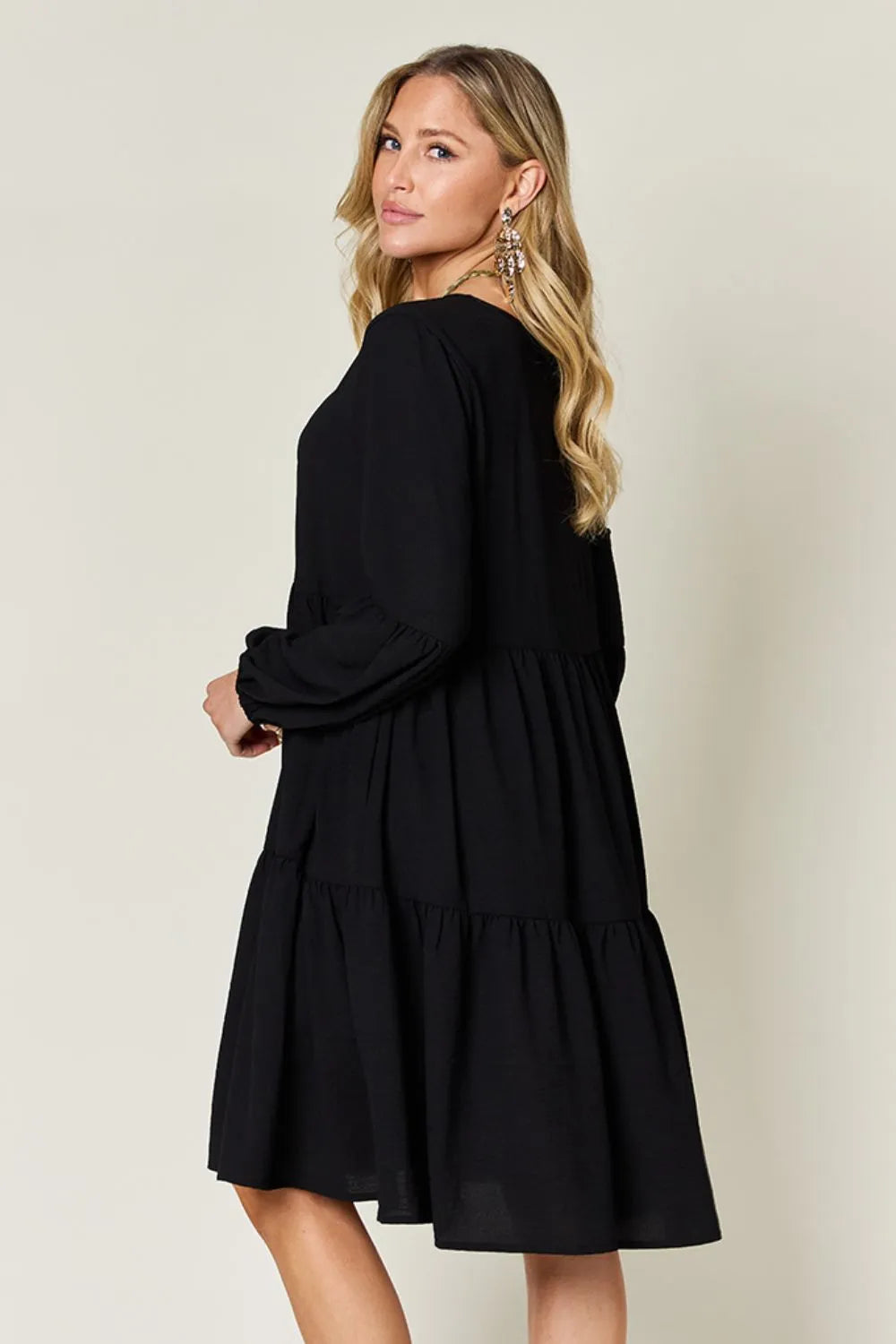 Image of Double Take Full Size V-Neck Balloon Sleeve Tiered Dress with Pockets | Queeble.shop