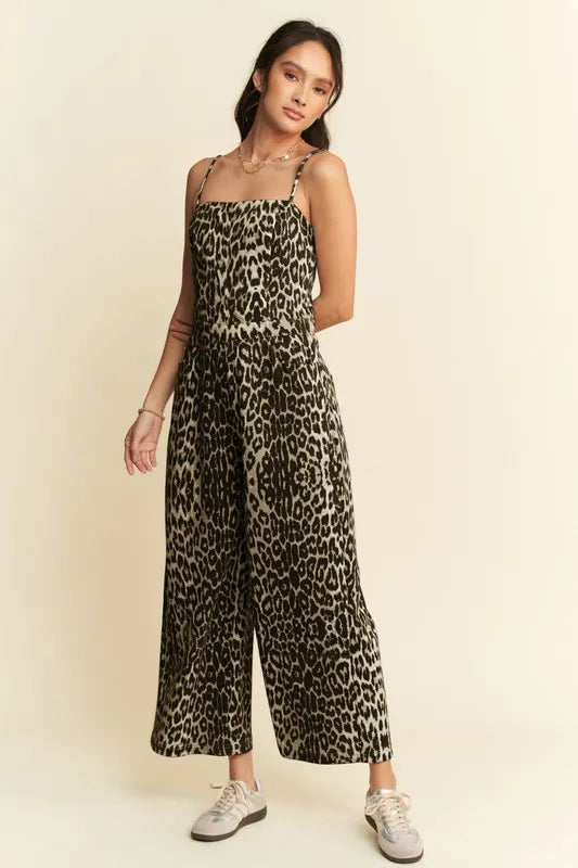 Image of Davi & Dani Leopard Spaghetti Straps Wide Leg Jumpsuit | Queeble.shop