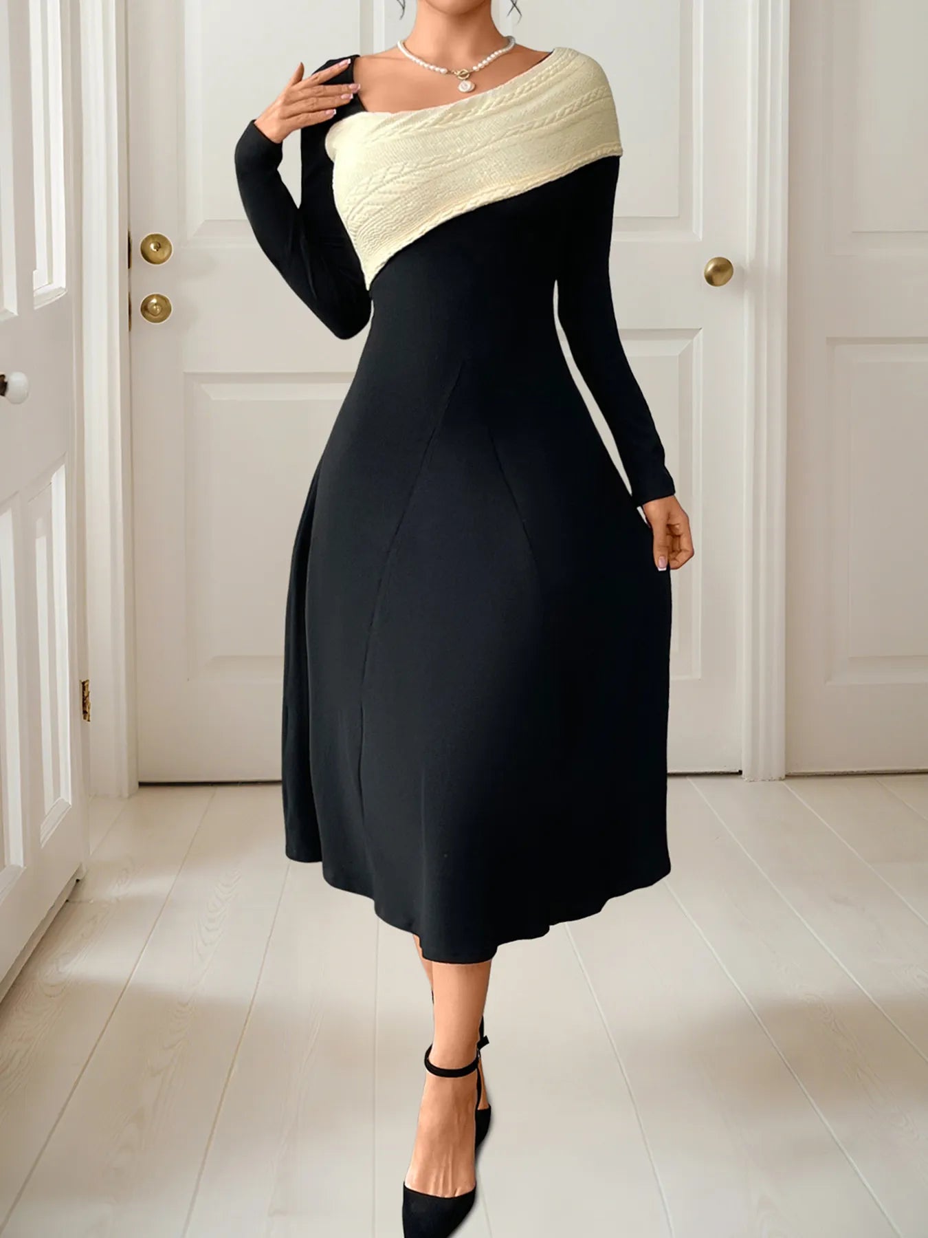 Image of Asymmetrical Contrast Long Sleeve Dress | Queeble.shop