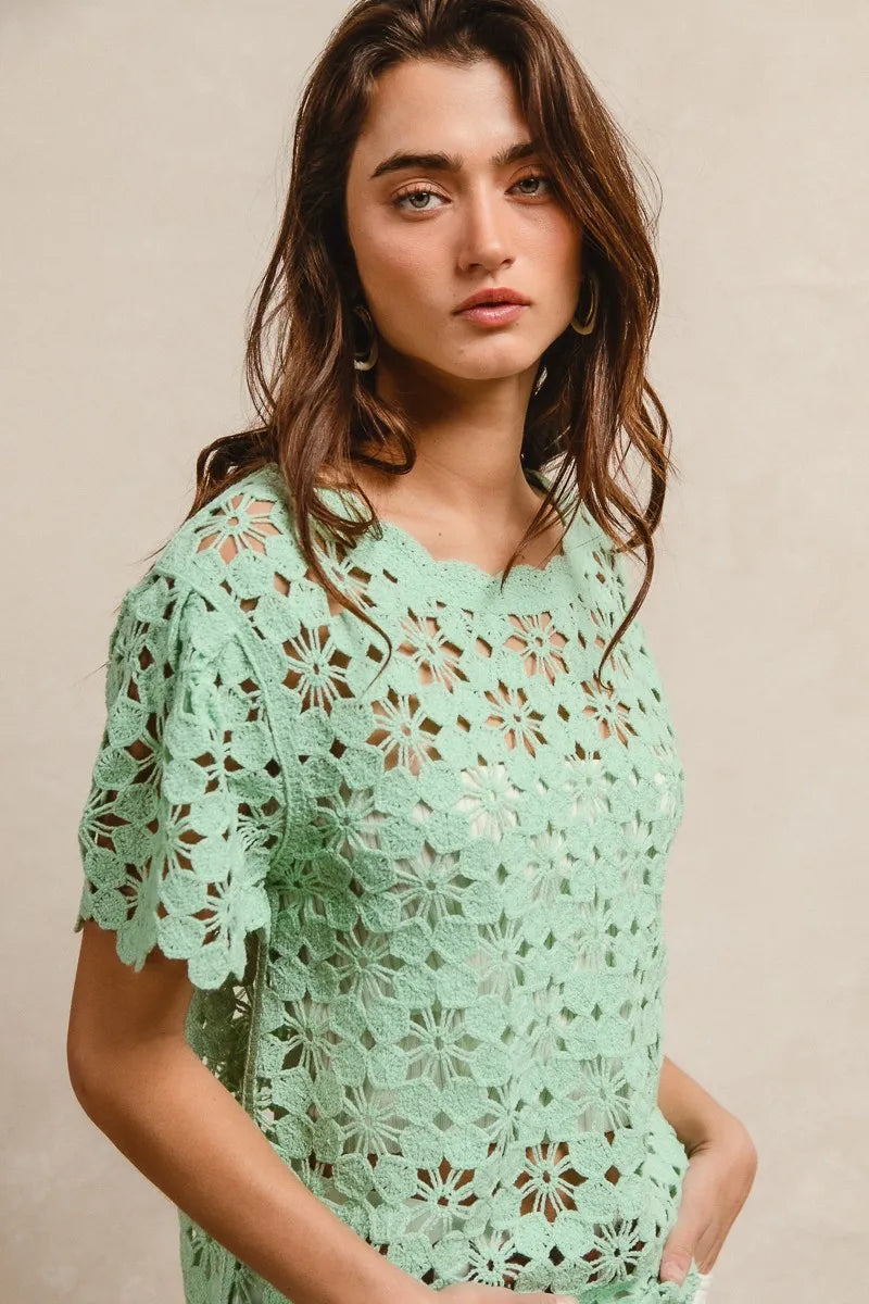 Image of BiBi Openwork Crochet Short Sleeve Knit Top | Queeble.shop