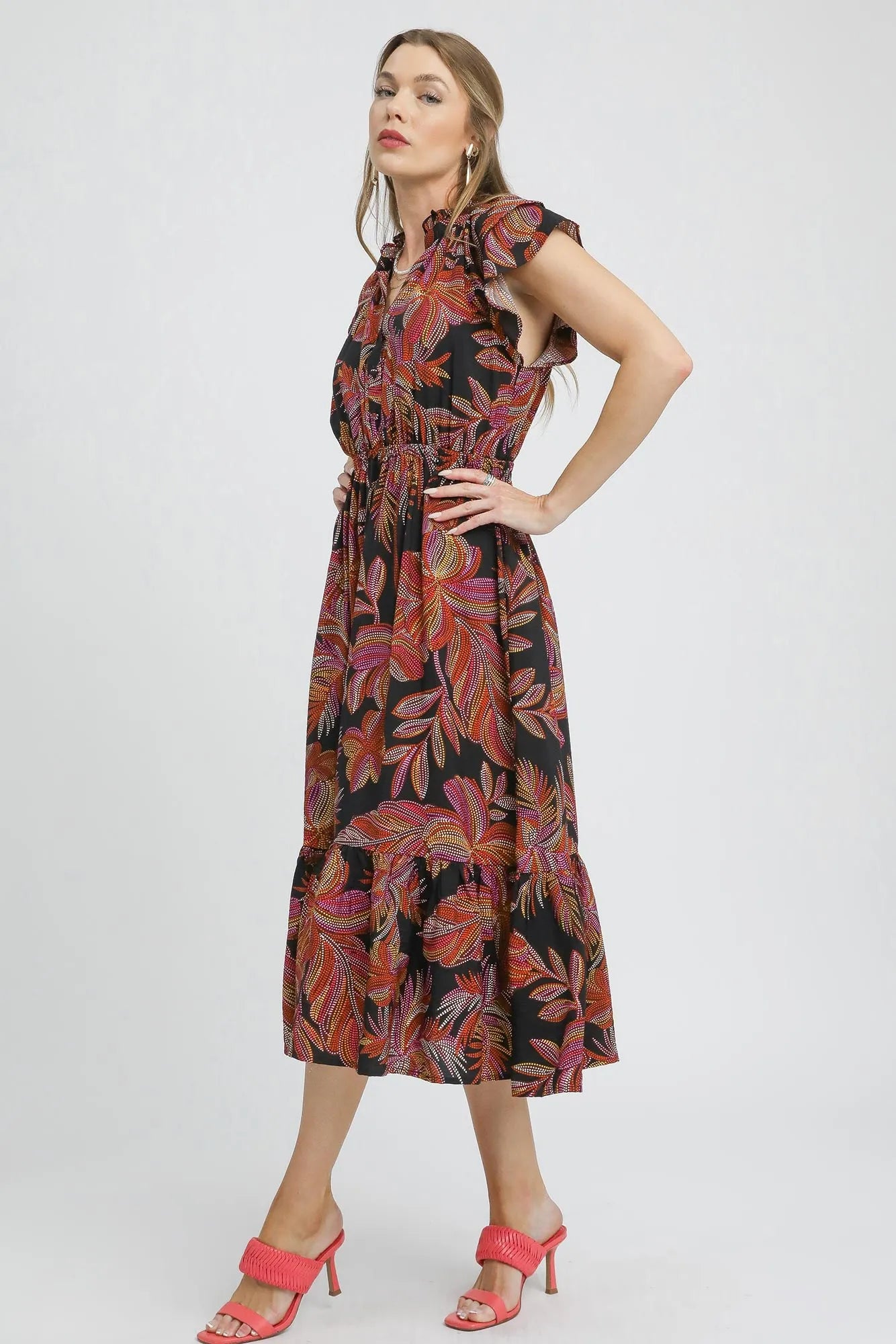 Image of Umgee Mix Ruffle Sleeve Tropical Midi Dress | Queeble.shop