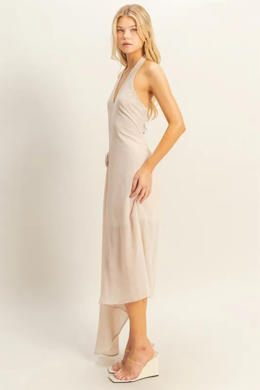 Image of HYFVE Chiffon Halter Asymmetrical Hem Dress | Queeble.shop