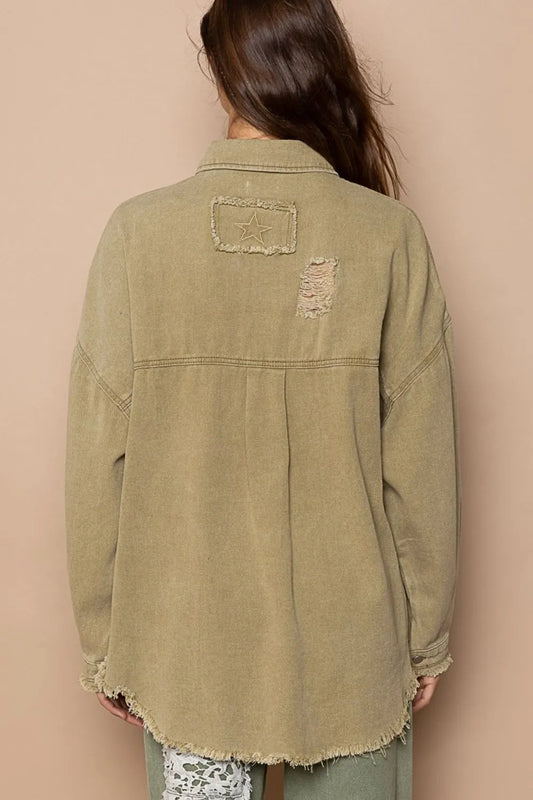 Image of POL Button Down Raw Hem Distressed Shacket | Queeble.shop