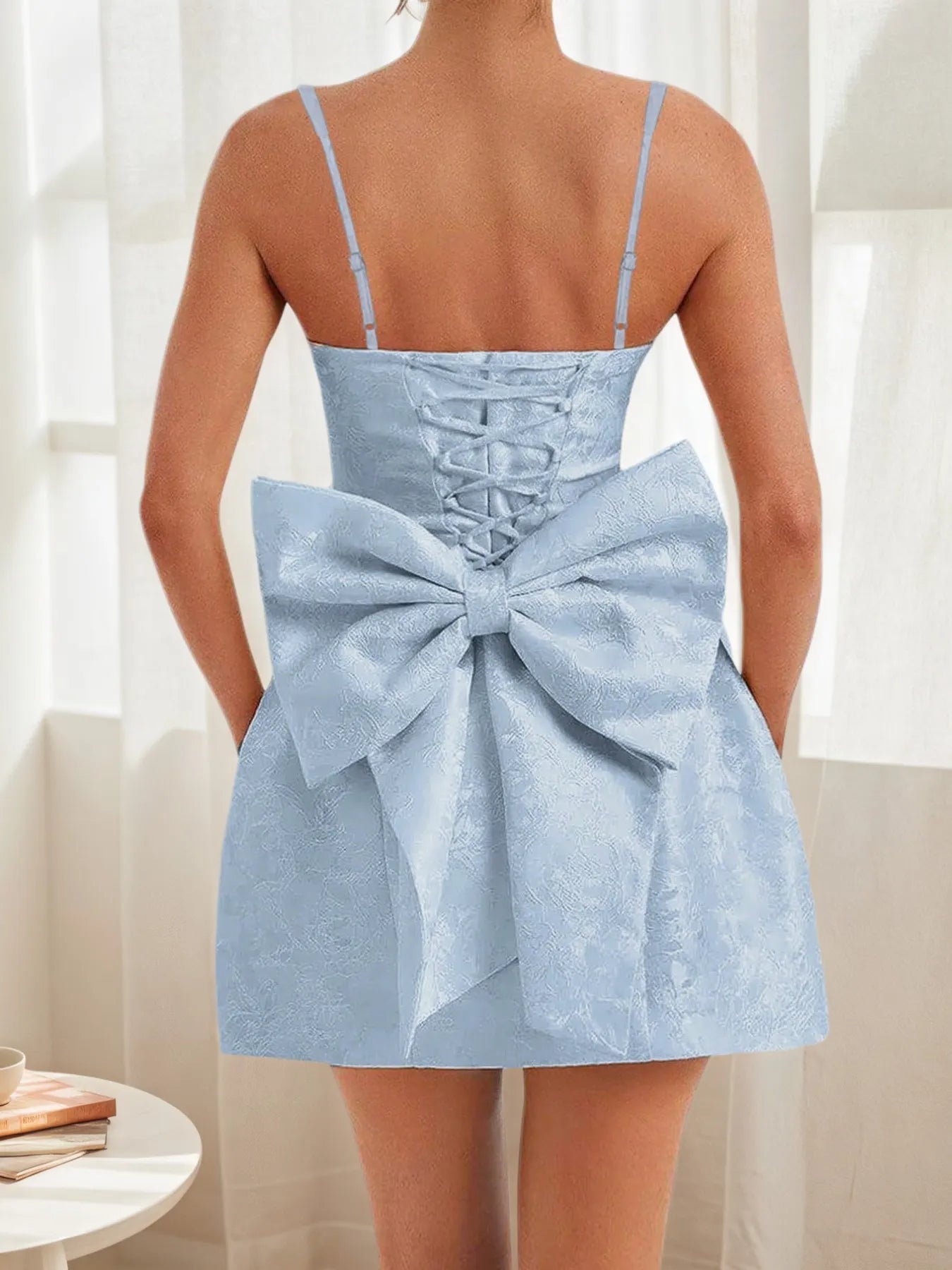 Image of Lace Up Back Mini Dress with Bow Detail | Queeble.shop