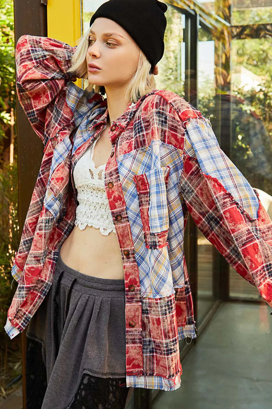 Image of POL Plaid Patchwork Long Sleeve Shirt with Raw Edge Detail | Queeble.shop