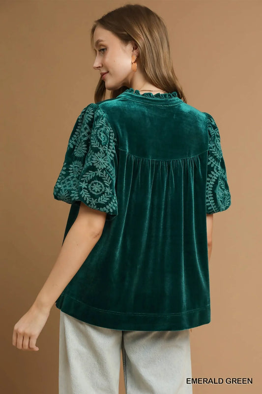 Image of Umgee Velvet Embroidered Sleeve Blouse | Queeble.shop