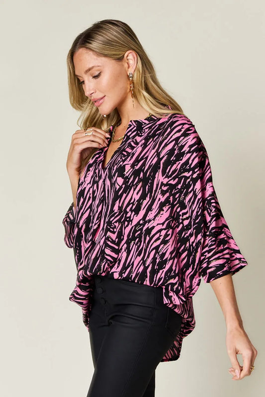 Image of Double Take Full Size Printed Notched Three-Quarter Sleeve Blouse | Queeble.shop