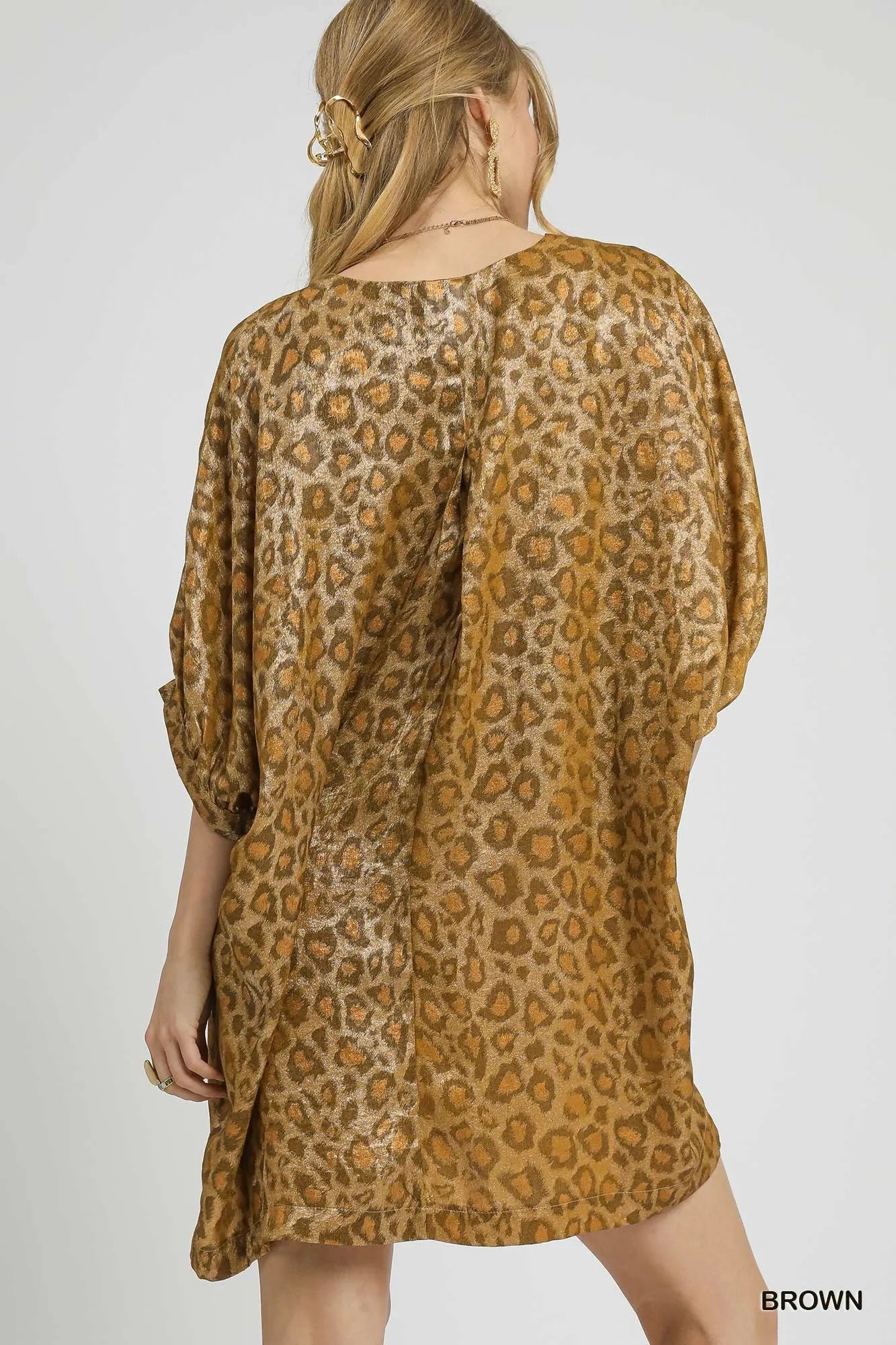 Image of Umgee Metallic Leopard Print V-Neck Kimono Dress | Queeble.shop