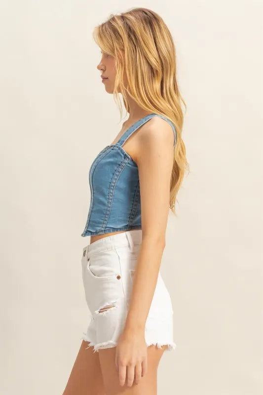 Image of HYFVE Washed Sweetheart Neck Wide Strap Denim Tank | Queeble.shop