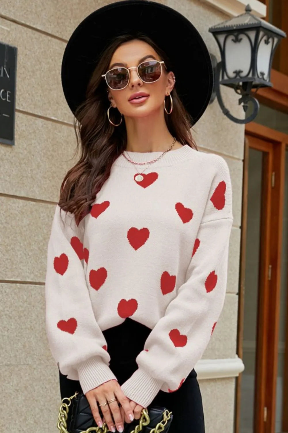 Image of Woven Right Heart Pattern Lantern Sleeve Round Neck Tunic Sweater | Queeble.shop