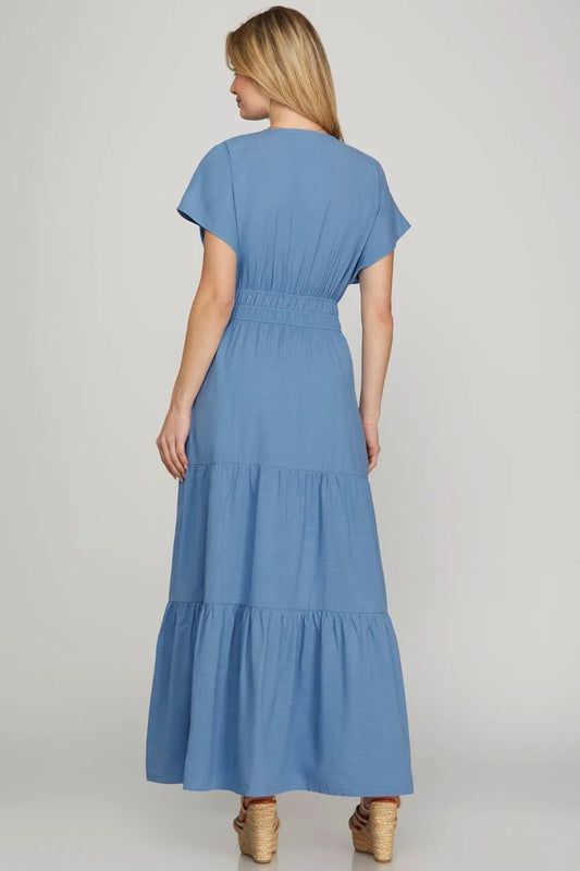 Image of She + Sky Surplice Short Sleeve Tiered Maxi Dress With Pockets | Queeble.shop