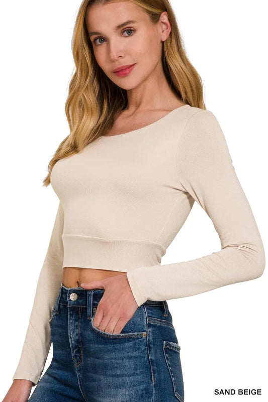 Image of Zenana Double Layered Long Sleeve Cropped Round Neck T-Shirt | Queeble.shop