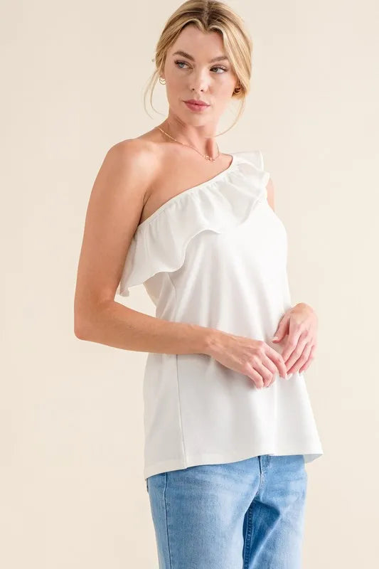 Image of And The Why Ruffle One Shoulder Sleeveless Tank Top | Queeble.shop
