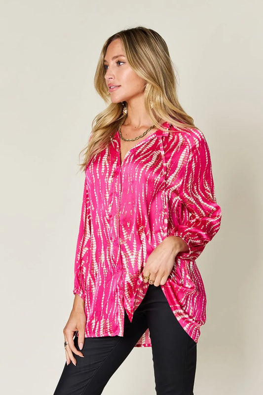 Image of Double Take Full Size Printed Button Up Long Sleeve Shirt | Queeble.shop