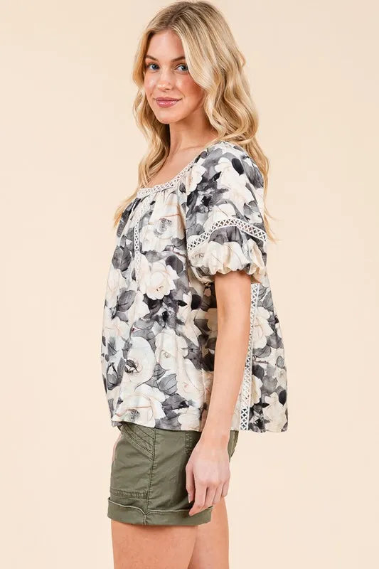 Image of Lime 'N' Chili Floral Print Lace Trim Puff Sleeve Blouse | Queeble.shop