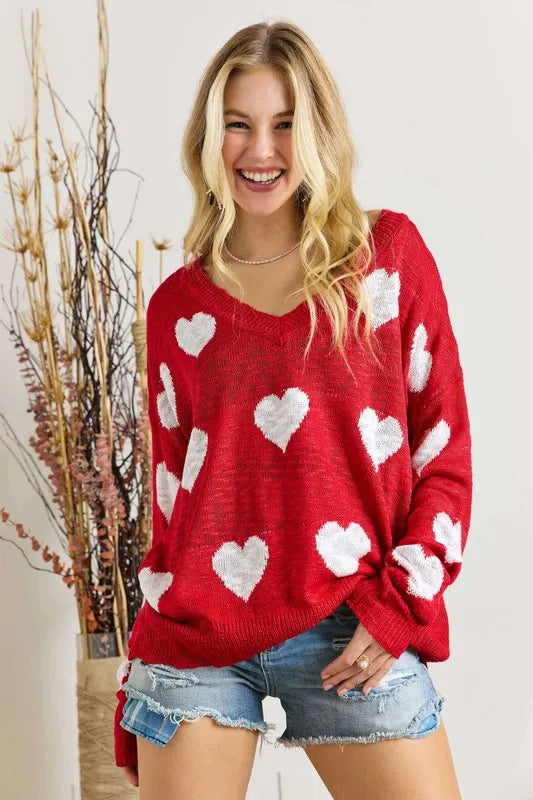 Image of ADORA Full Size Heart V-Neck Knit Top Plus Size | Queeble.shop