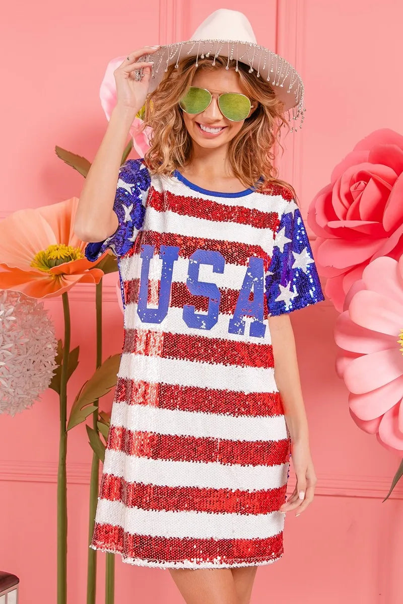 Image of BiBi American Flag Theme Usa Print Sequin Dress | Queeble.shop