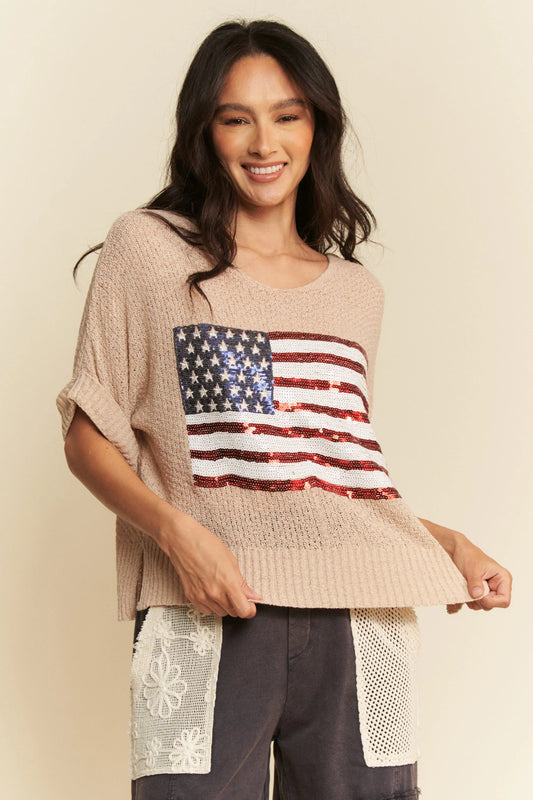 Image of Davi & Dani Sequin American Flag Patch Short Sleeve Knit Top | Queeble.shop