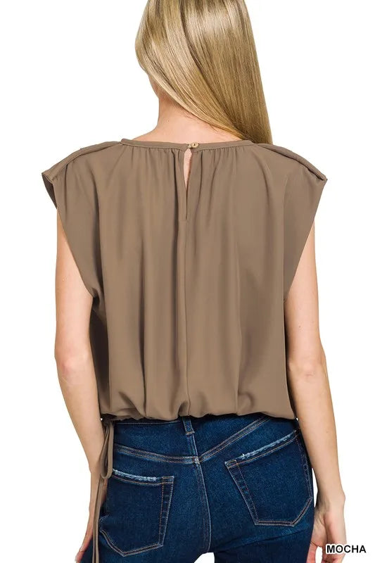 Image of Zenana Woven Drawstring Tie Side Sleeveless Top | Queeble.shop