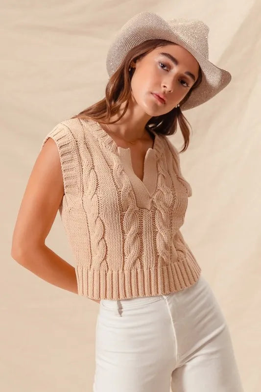 Image of SO ME Notched Neck Cable Knit Sweater Vest | Queeble.shop