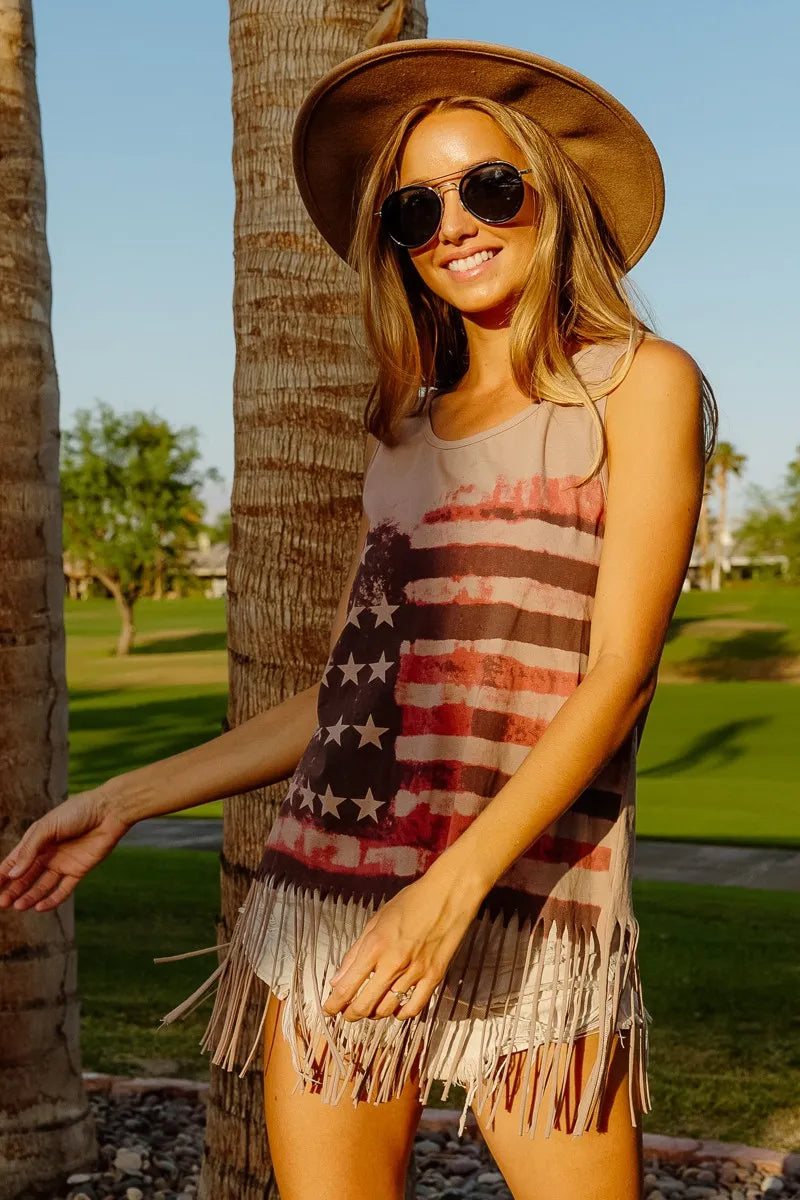 Image of BiBi American Flag Print Knit Sleeveless Top | Queeble.shop
