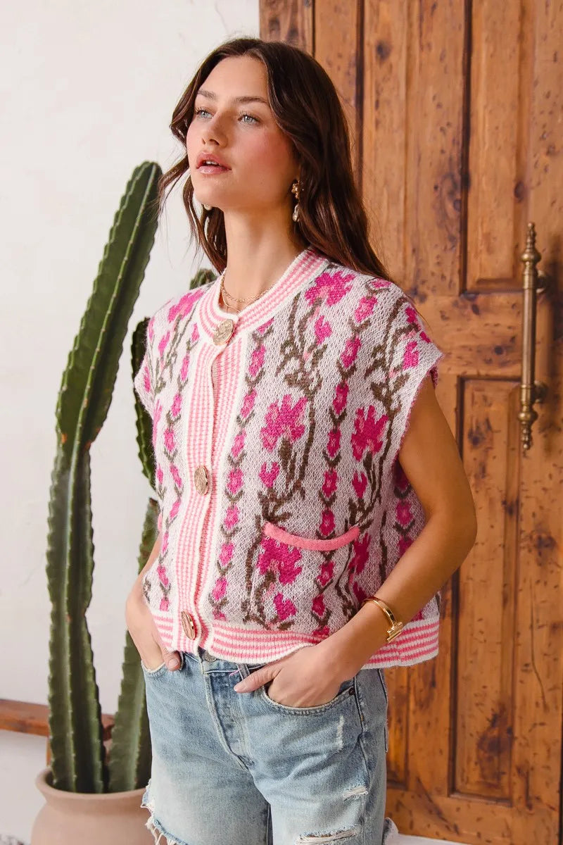 Image of SO ME Button Front Floral and Stripe Knitted Sweater Vest | Queeble.shop
